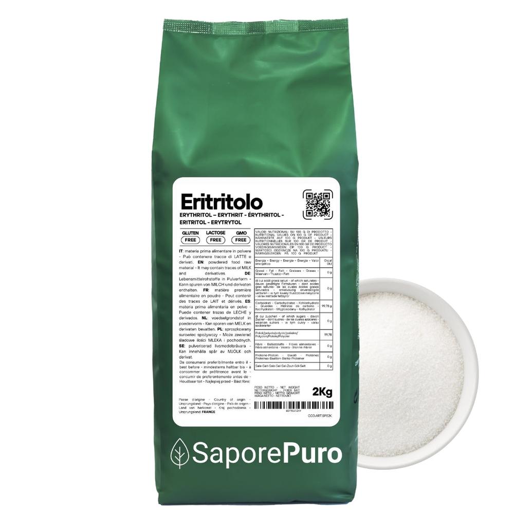 Zucchero eritritolo SaporePuro, dolcificante naturale zero calorie di origine francese, in confezione con zucchero bianco.