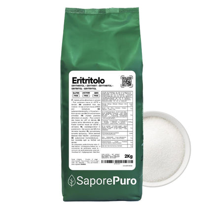 Zucchero eritritolo SaporePuro, dolcificante naturale zero calorie di origine francese, in confezione con zucchero bianco.