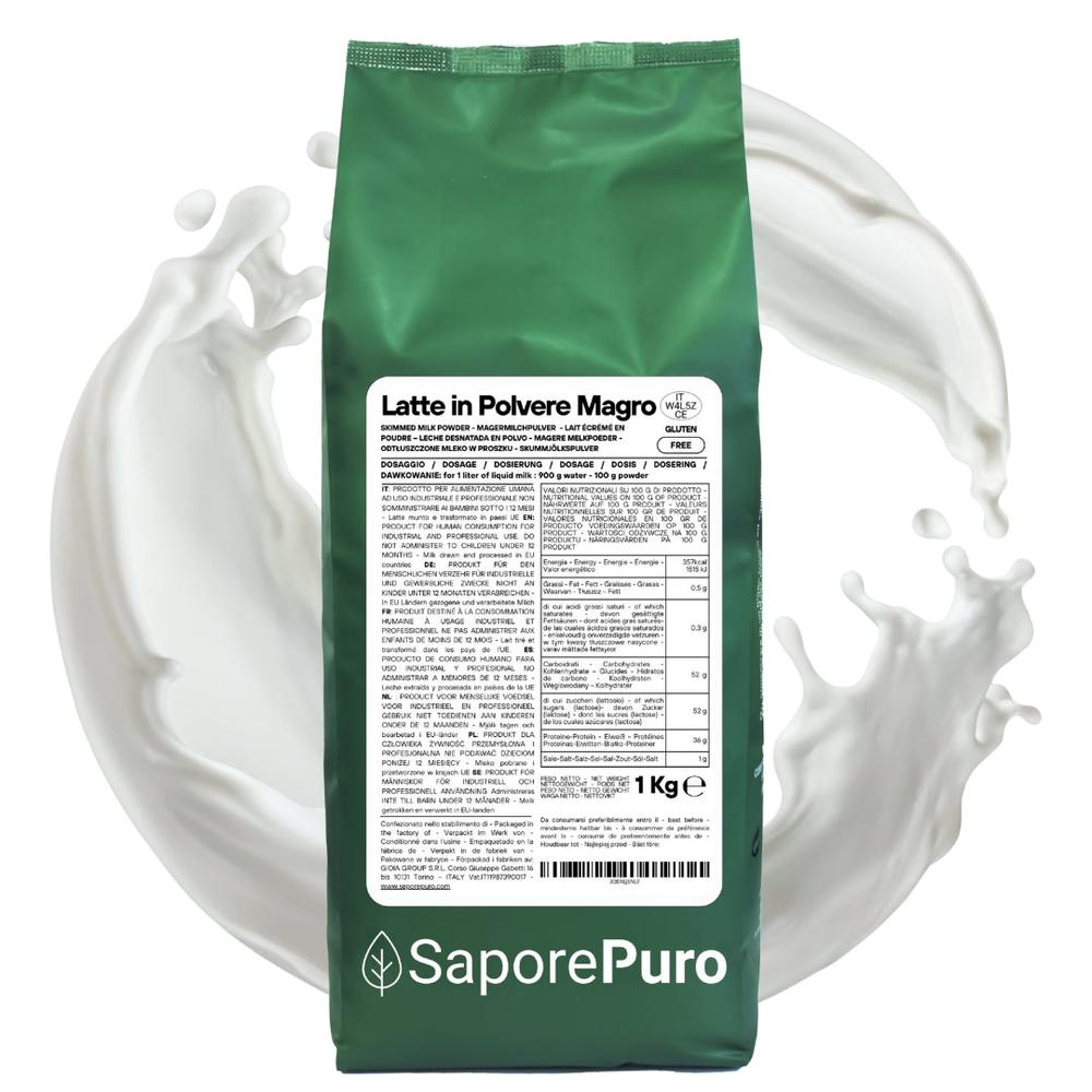 Latte magro in polvere SaporePuro, confezione da 1kg, origine UE, visibile in immagine.