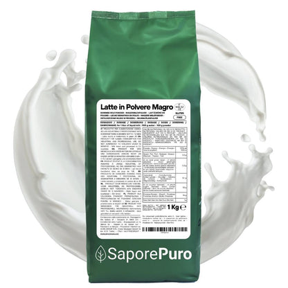 Latte magro in polvere SaporePuro, confezione da 1kg, origine UE, visibile in immagine.
