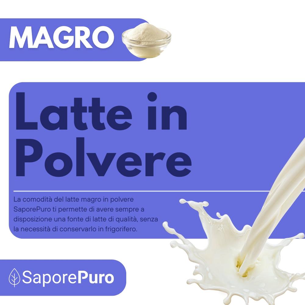 Latte magro in polvere SaporePuro, confezione da 1kg, origine EU, contenuto in sacchetto con etichetta bianca e dettagli blu