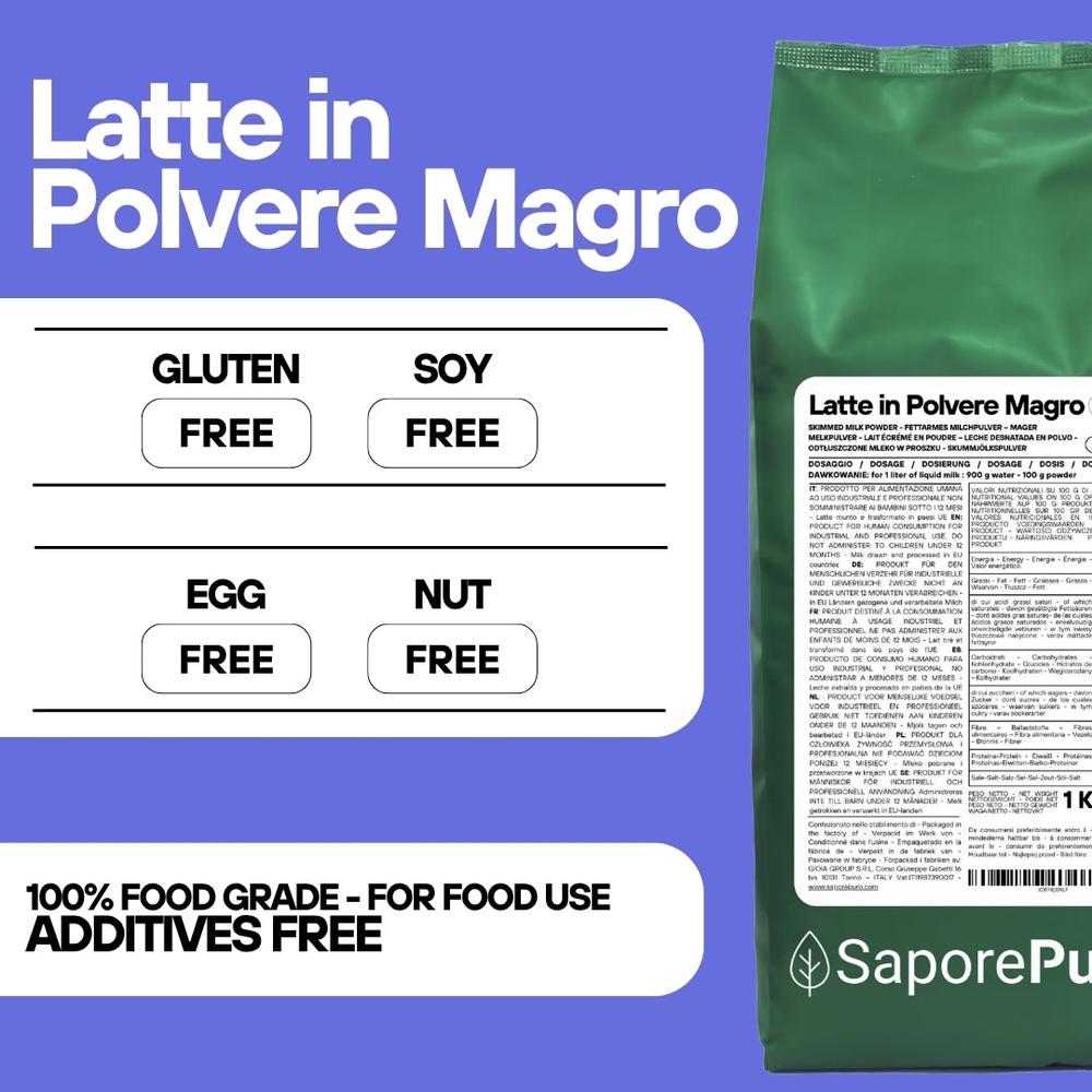 Latte magro in polvere SaporePuro, confezione da 1kg, origine UE, mostra il sacchetto di latte in polvere bianco e sigillato