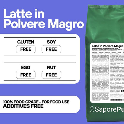 Latte magro in polvere SaporePuro, confezione da 1kg, origine UE, mostra il sacchetto di latte in polvere bianco e sigillato