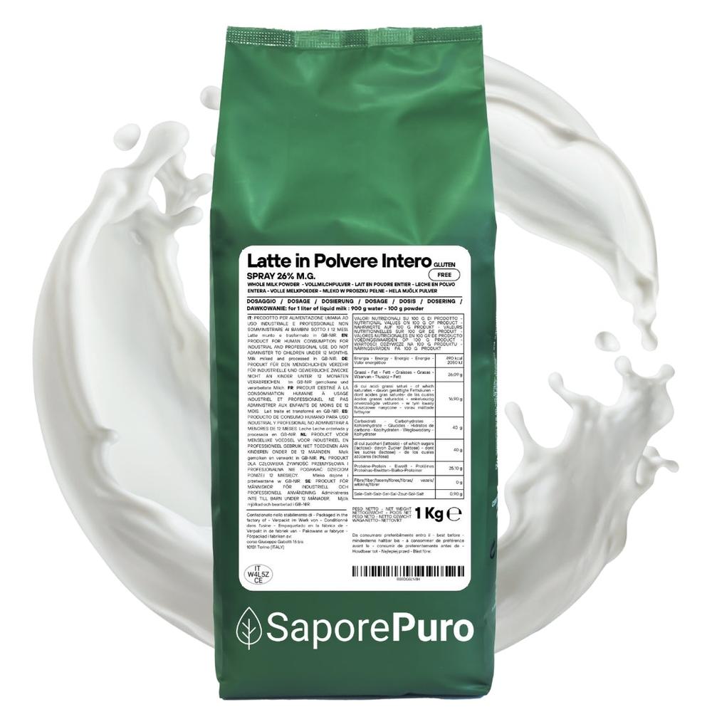 Latte intero in polvere SaporePuro, prodotto U.E., mostra una confezione di latte in polvere con etichetta e dettagli sul packaging