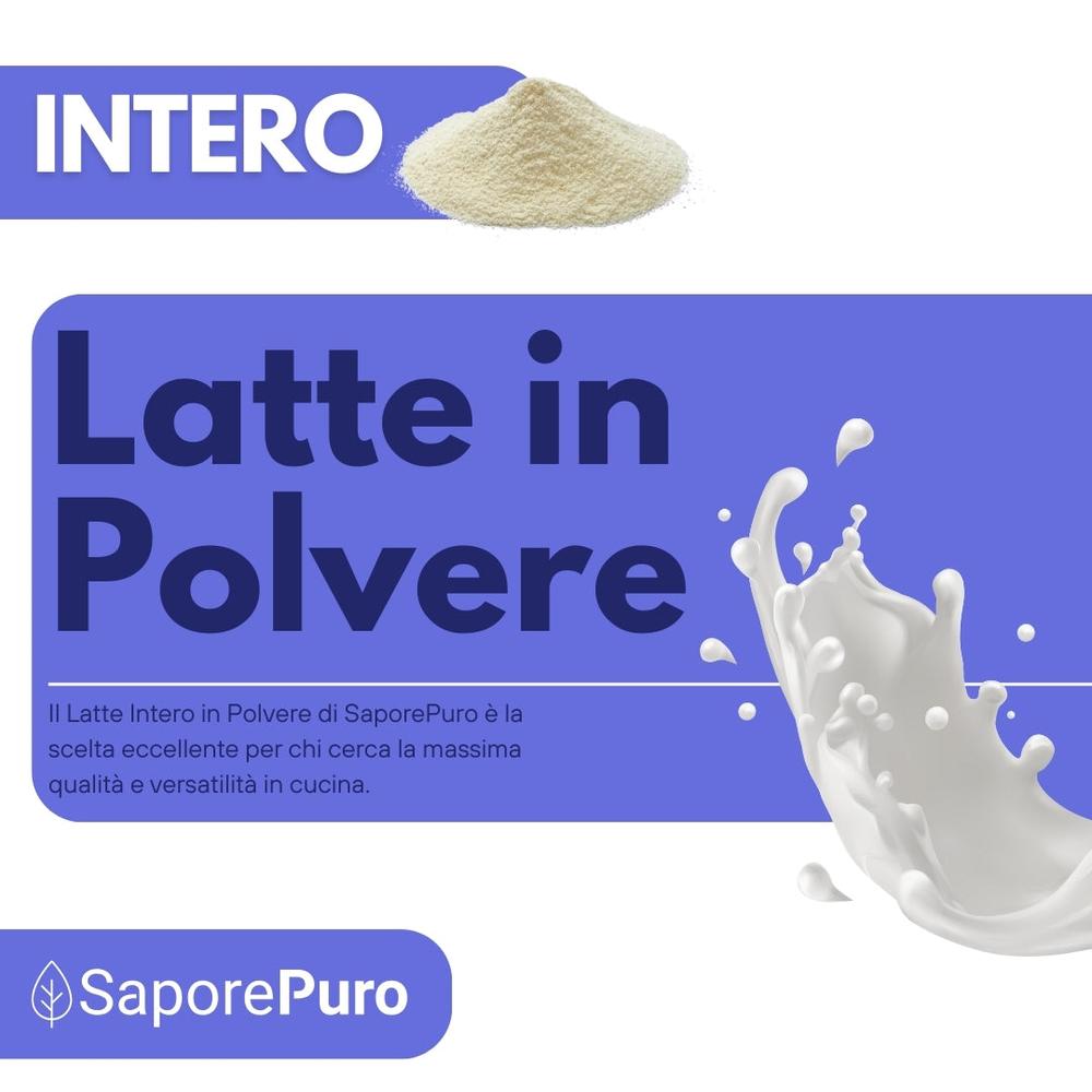 Latte intero in polvere SaporePuro, prodotto di origine U.E., mostrato in confezione con polvere bianca e misurino.