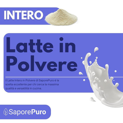 Latte intero in polvere SaporePuro, prodotto di origine U.E., mostrato in confezione con polvere bianca e misurino.