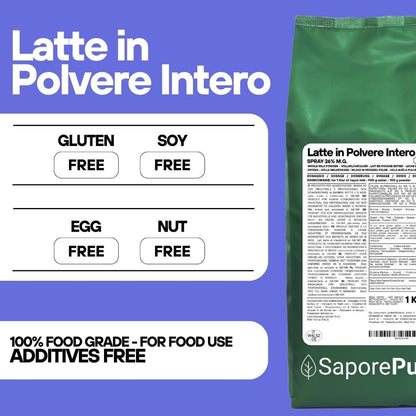 Latte intero in polvere SaporePuro, prodotto europeo, visibile in sacchetto con etichetta, ideale per preparazioni latte.