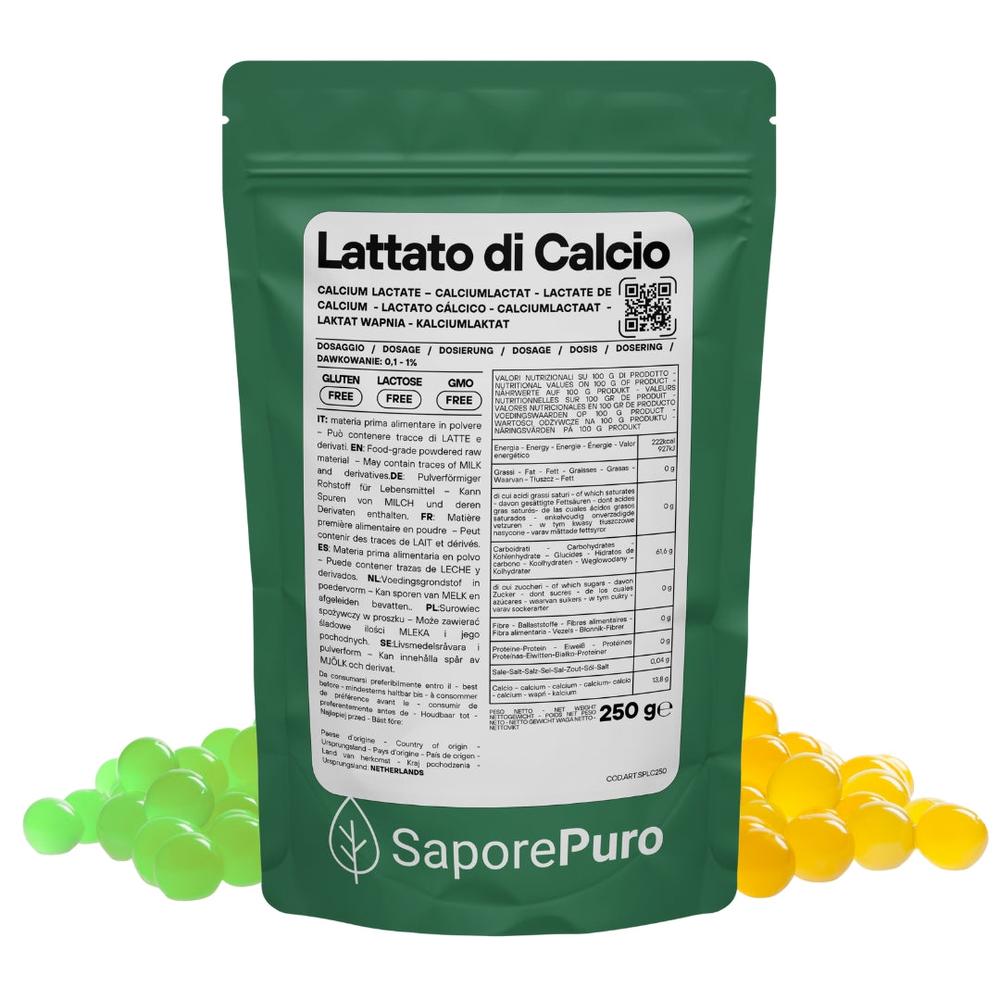 Lattato di calcio in polvere SaporePuro per cucina e forno, ingrediente per sferificazione molecolare, confezione con etichetta.