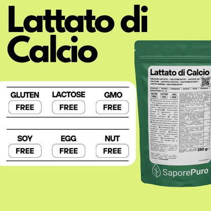 Lattato di calcio in polvere SaporePuro, ingrediente per cucina e forno, usato per sferificazione molecolare, in confezione.