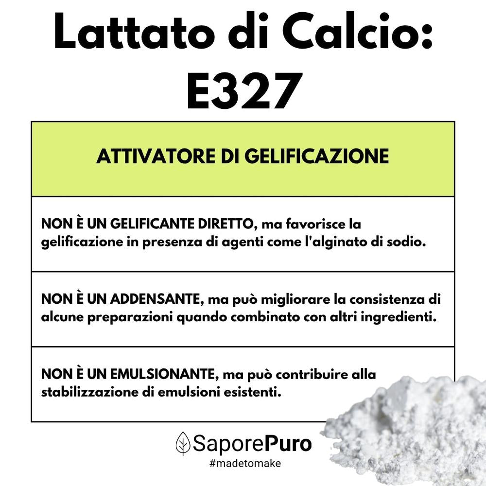 Lattato di calcio in polvere SaporePuro, ingrediente per cucina e forno, utilizzato in sferificazione molecolare, immagine del prodotto