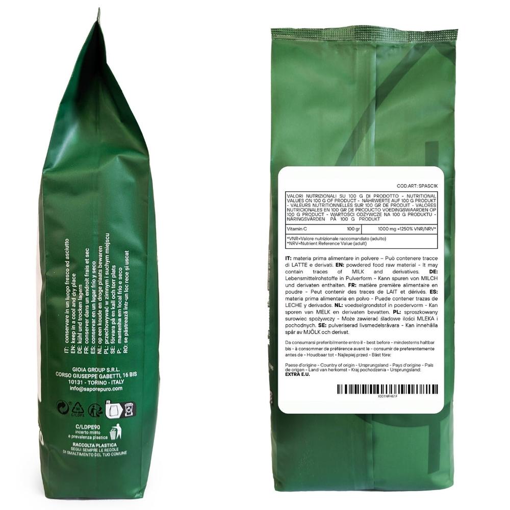 Vitamina C pura SaporePuro, acido ascorbico in confezione da cucina, nutriente essenziale per ricette, immagine di fronte.