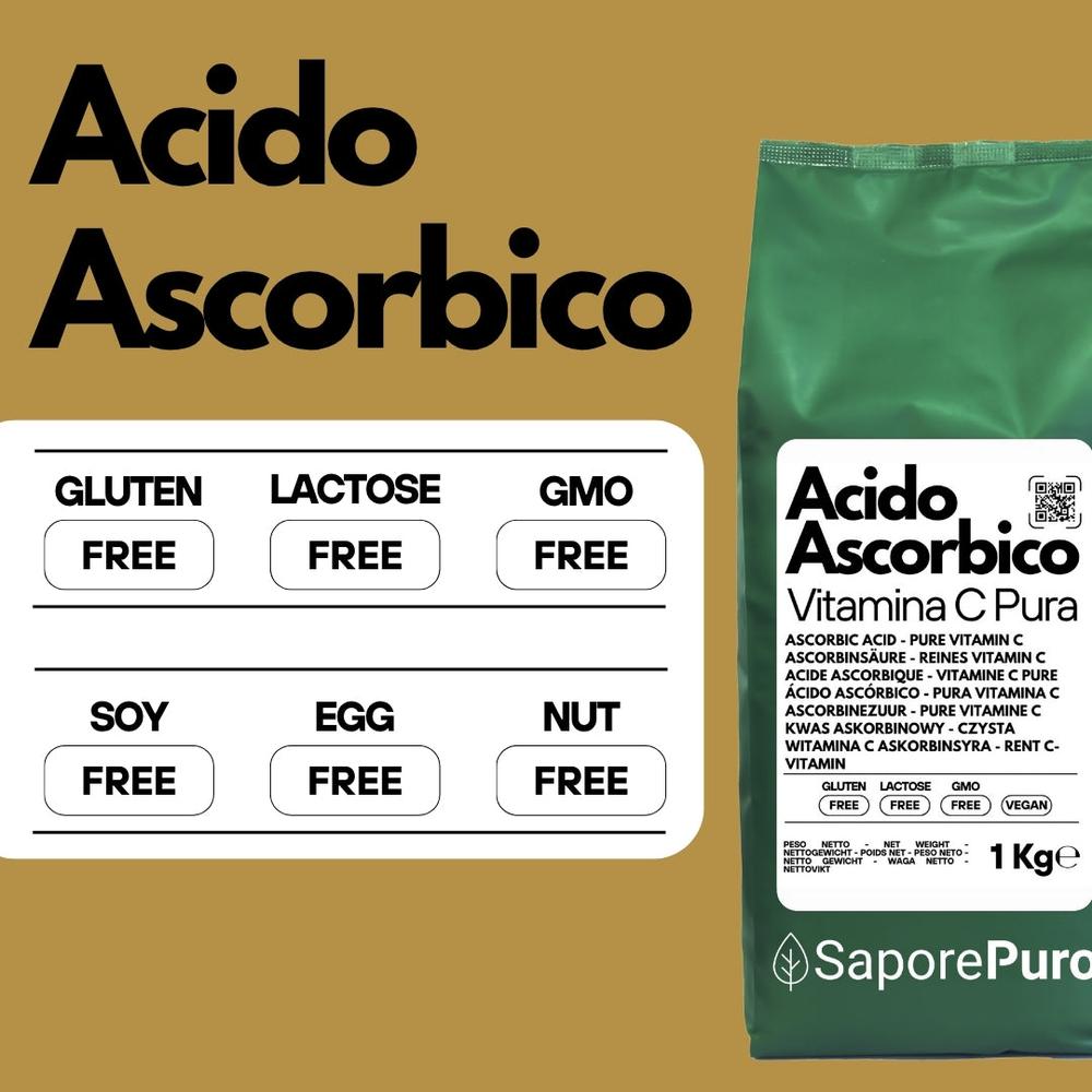 Vitamina C pura SaporePuro in confezione, acido ascorbico essenziale per ricette e integratori, prodotto italiano.