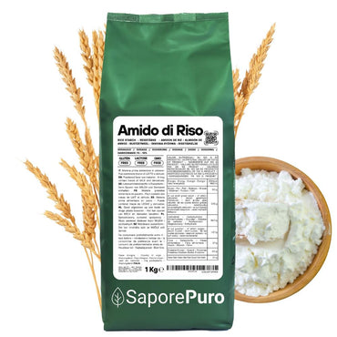 Amido di riso SaporePuro, 100% naturale, in sacchetto con etichetta, prodotto italiano, per cucina e dolci.