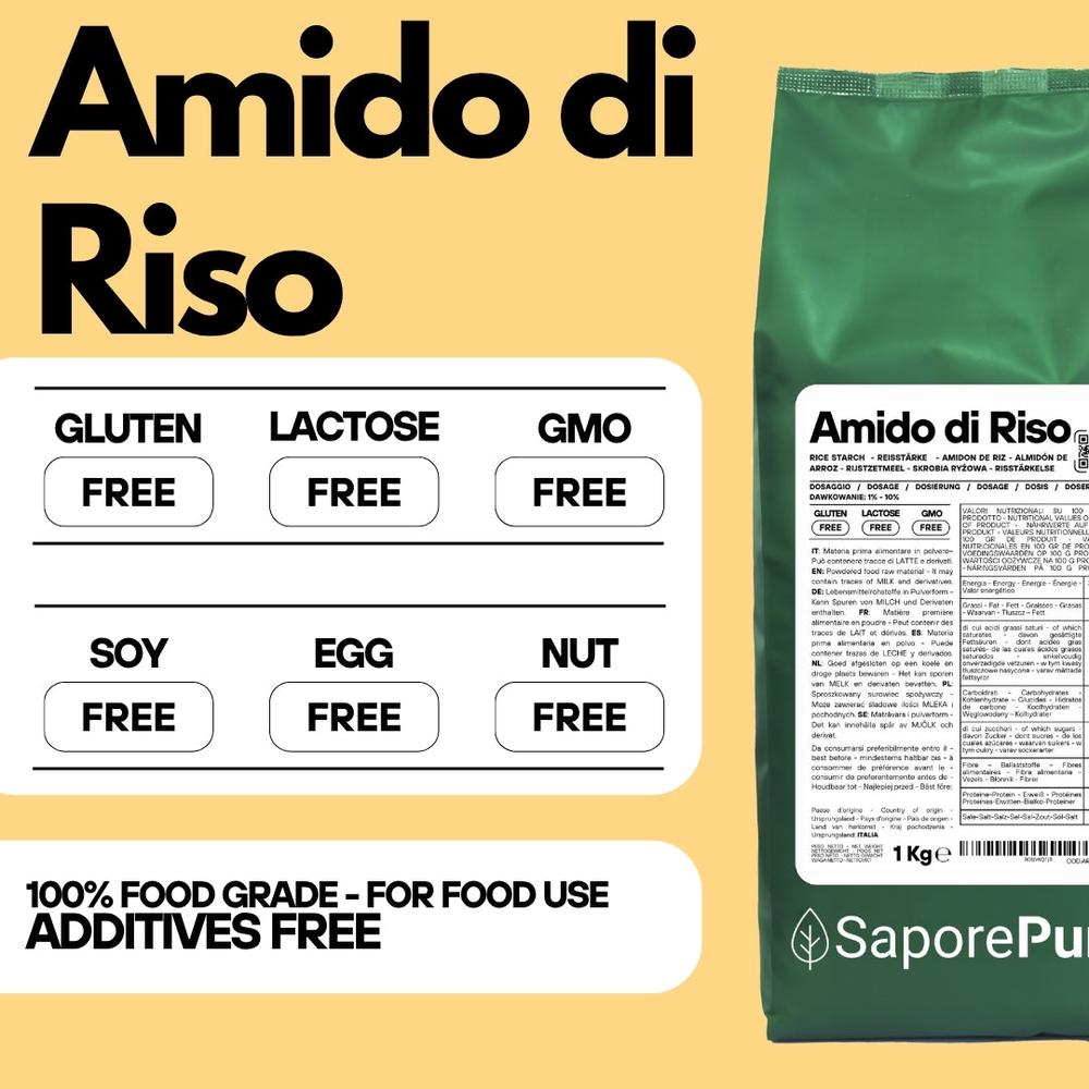 Amido di riso SaporePuro, amido nativo 100% di origine italiana, in confezione con sacchetto trasparente e etichetta.