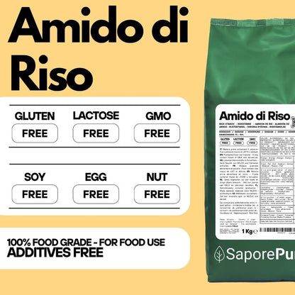 Amido di riso SaporePuro, amido nativo 100% di origine italiana, in confezione con sacchetto trasparente e etichetta.