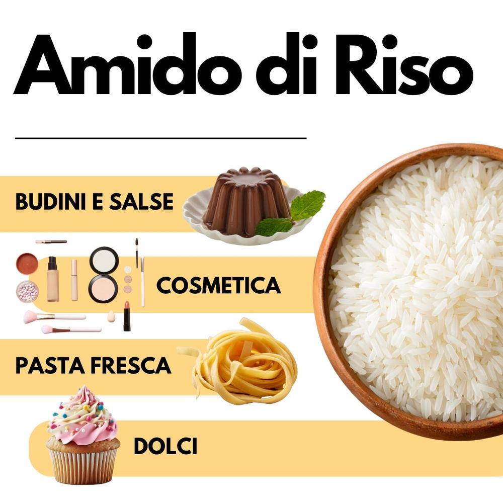 Amido di riso SaporePuro, amido nativo 100% di origine italiana, in confezione con etichetta visibile, ideale per cucina e dolci.