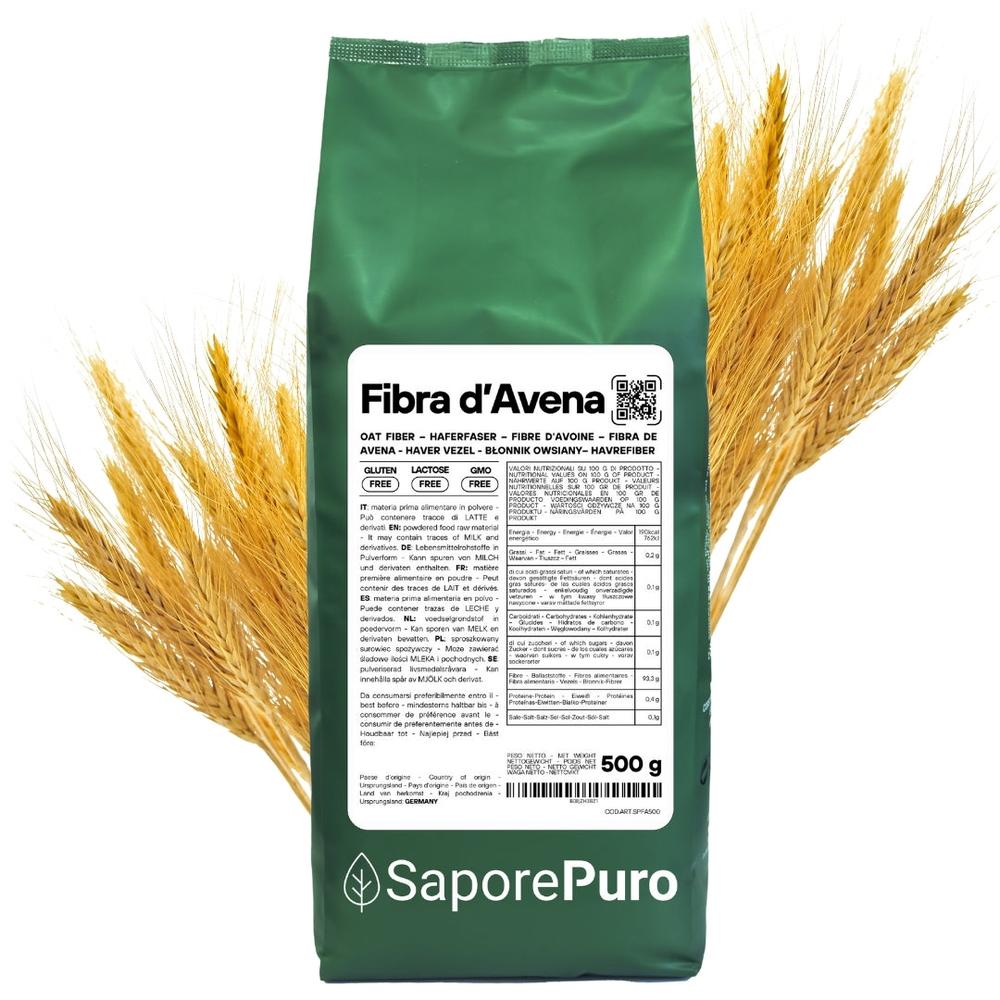 Fibra di avena senza glutine SaporePuro in confezione da 250g, vista con etichetta e porzione di avena naturale