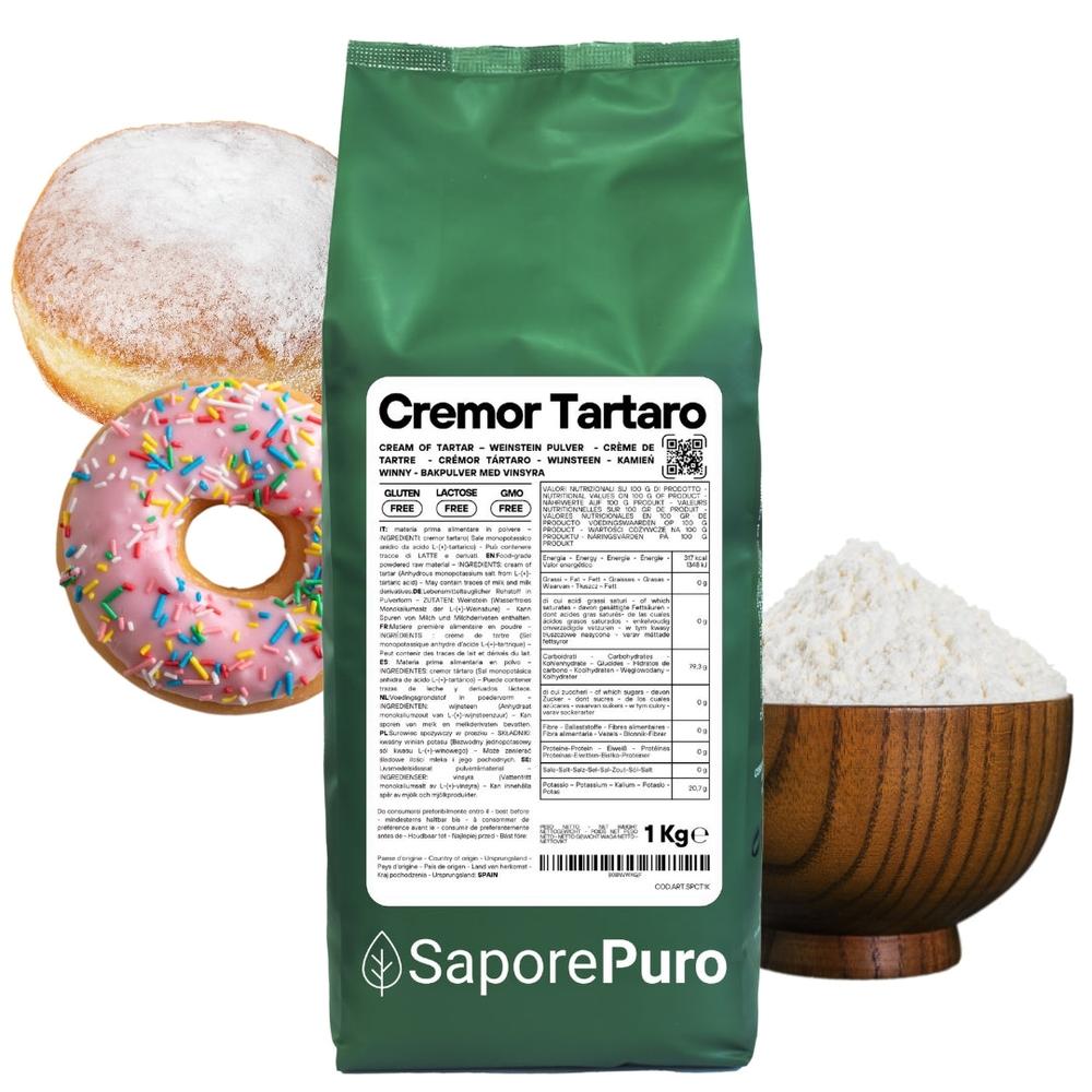 Lievito in polvere Cremor Tartaro E336i di SaporePuro, agente lievitante e stabilizzante, in confezione da cucina.