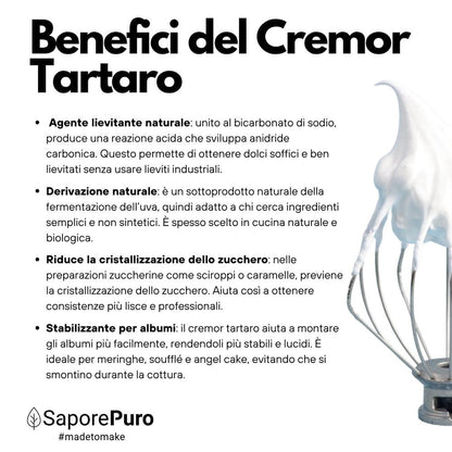 Lievito in polvere Cremor Tartaro E336i di SaporePuro, agente lievitante e stabilizzante per dolci e prodotti da forno.