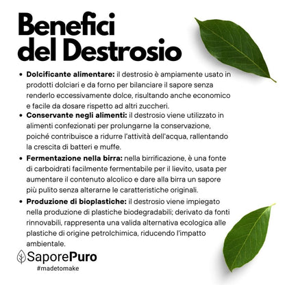 Zucchero Destrosio SaporePuro, zucchero per gelato, energia rapida, in confezione da cucina, dettaglio del prodotto.