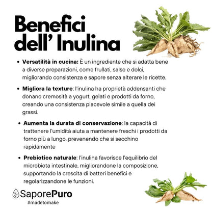 Inulina in polvere pura SaporePuro, ingrediente naturale per cucina e forno, 250g, vista della confezione con etichetta.