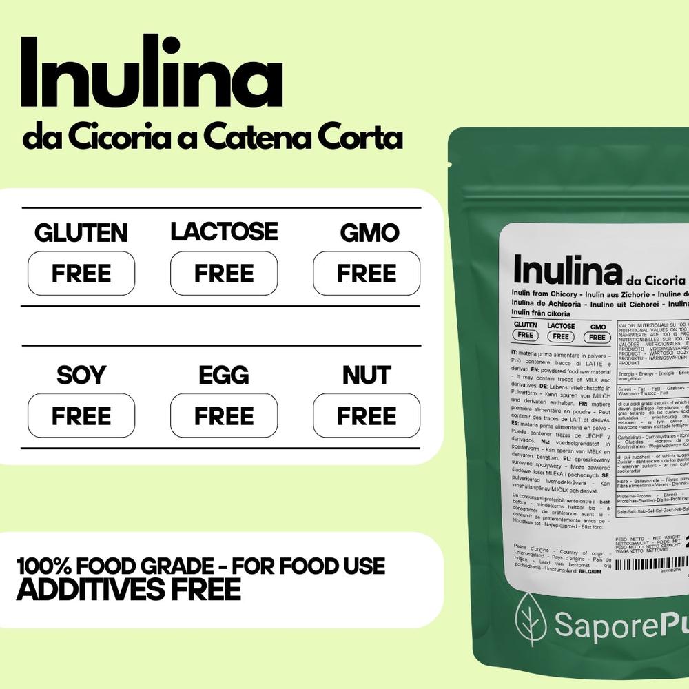 Inulina in polvere pura SaporePuro, ingrediente da forno e cucina, 250g, vista del contenuto in confezione.