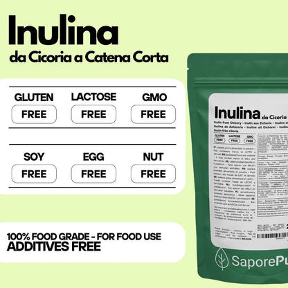 Inulina in polvere pura SaporePuro, ingrediente da forno e cucina, 250g, vista del contenuto in confezione.