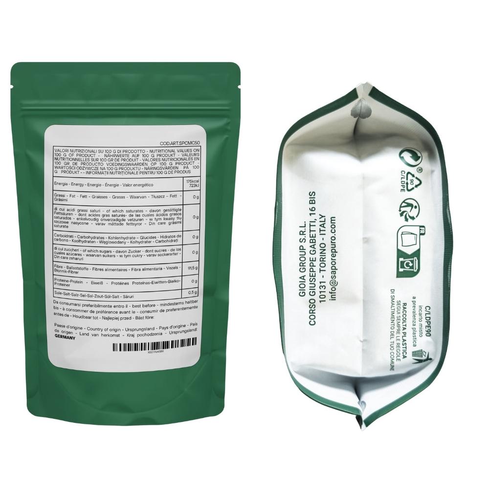 Polvere di carbossimetilcellulosa (CMC) SaporePuro, E466, in confezione con etichetta visibile, dettaglio sulla parte posteriore.