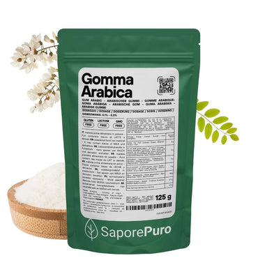 Gomma arabica in polvere SaporePuro, ingrediente naturale per cucina e forno, confezionata in Italia, immagine del prodotto.