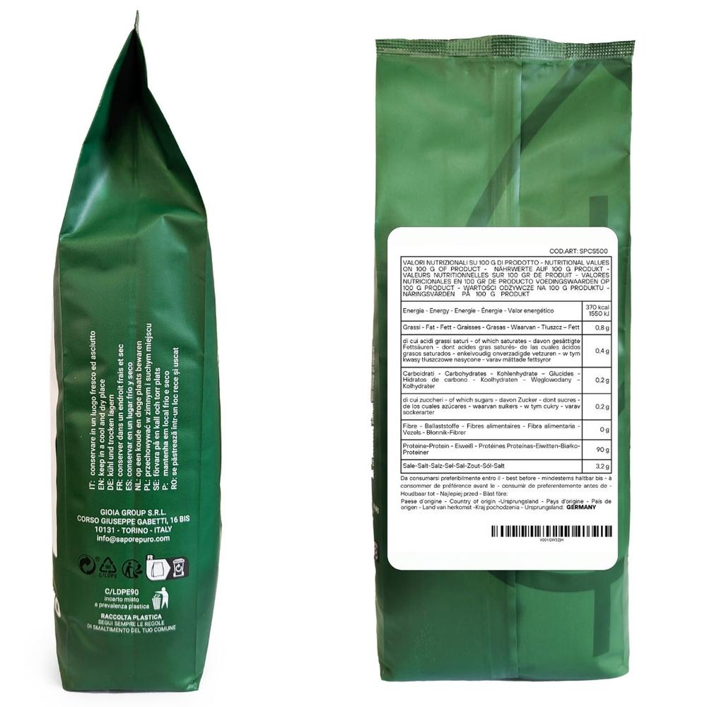 Immagine di caseinato di sodio SaporePuro, proteina pura da latte, ingrediente da forno senza glutine, contenuto in confezione.