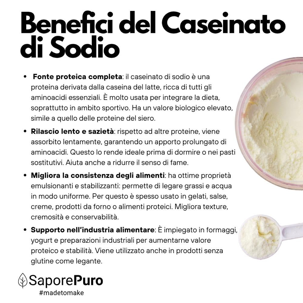 Caseinato di Sodio SaporePuro, proteina pura da latte, ingrediente gluten free per cucina e prodotti da forno, in confezione.