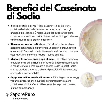 Caseinato di Sodio SaporePuro, proteina pura da latte, ingrediente gluten free per cucina e prodotti da forno, in confezione.