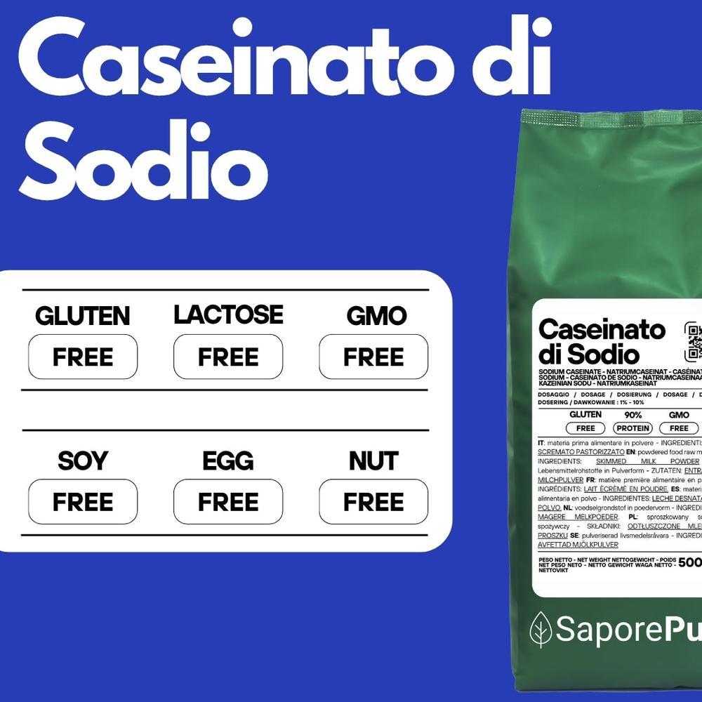 Caseinato di Sodio SaporePuro, proteina pura da latte senza glutine, ingrediente per cucinare e da forno, in confezione.