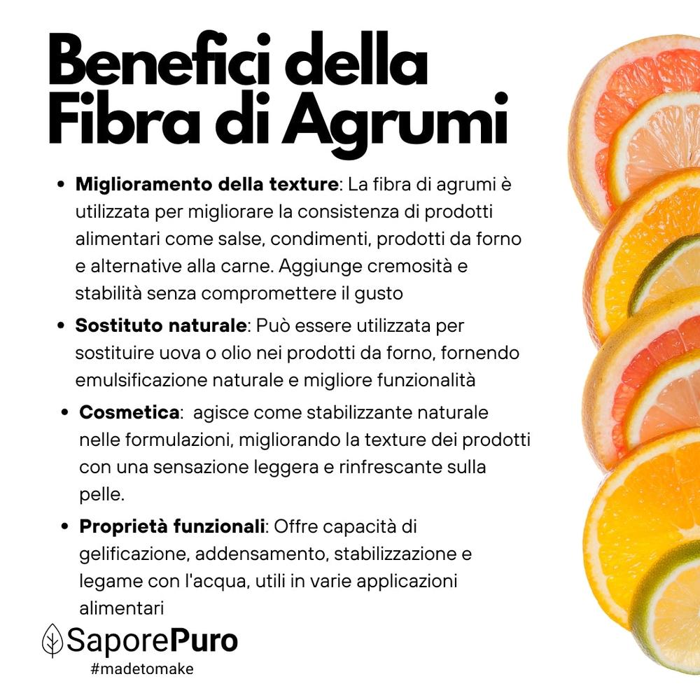 Fibra di agrumi SaporePuro, addensante clean label per gelato senza agenti chimici, visibile in confezione con etichetta naturale.