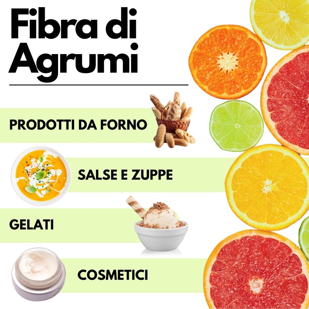 Fibra di Agrumi SaporePuro, addensante naturale per gelato senza E, visibile in confezione con etichetta bianca e dettagli arancioni.