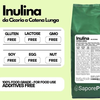 Polvere di inulina a catena lunga pura di SaporePuro, origine Europa, in confezione visibile.