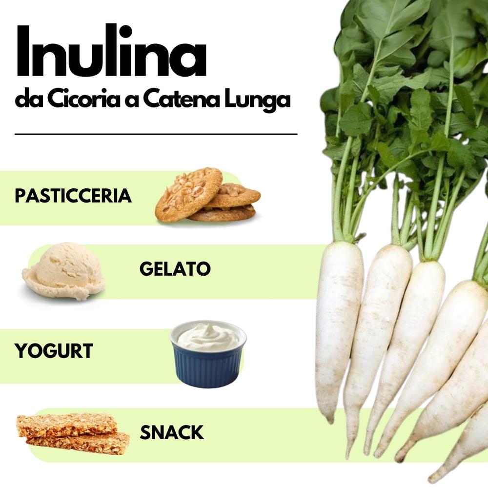 Inulina a catena lunga in polvere pura di SaporePuro, origine Europa, mostrata in un contenitore con etichetta.