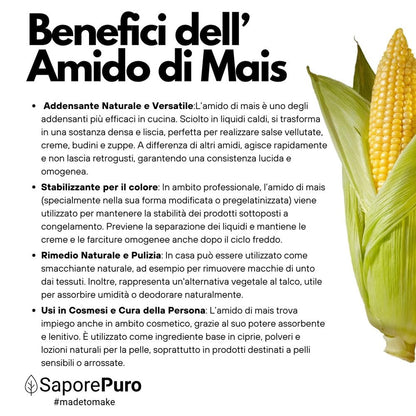 Amido di mais Nativo SaporePuro, addensante naturale e potente, senza glutine, mostrato in un'immagine chiara e dettagliata
