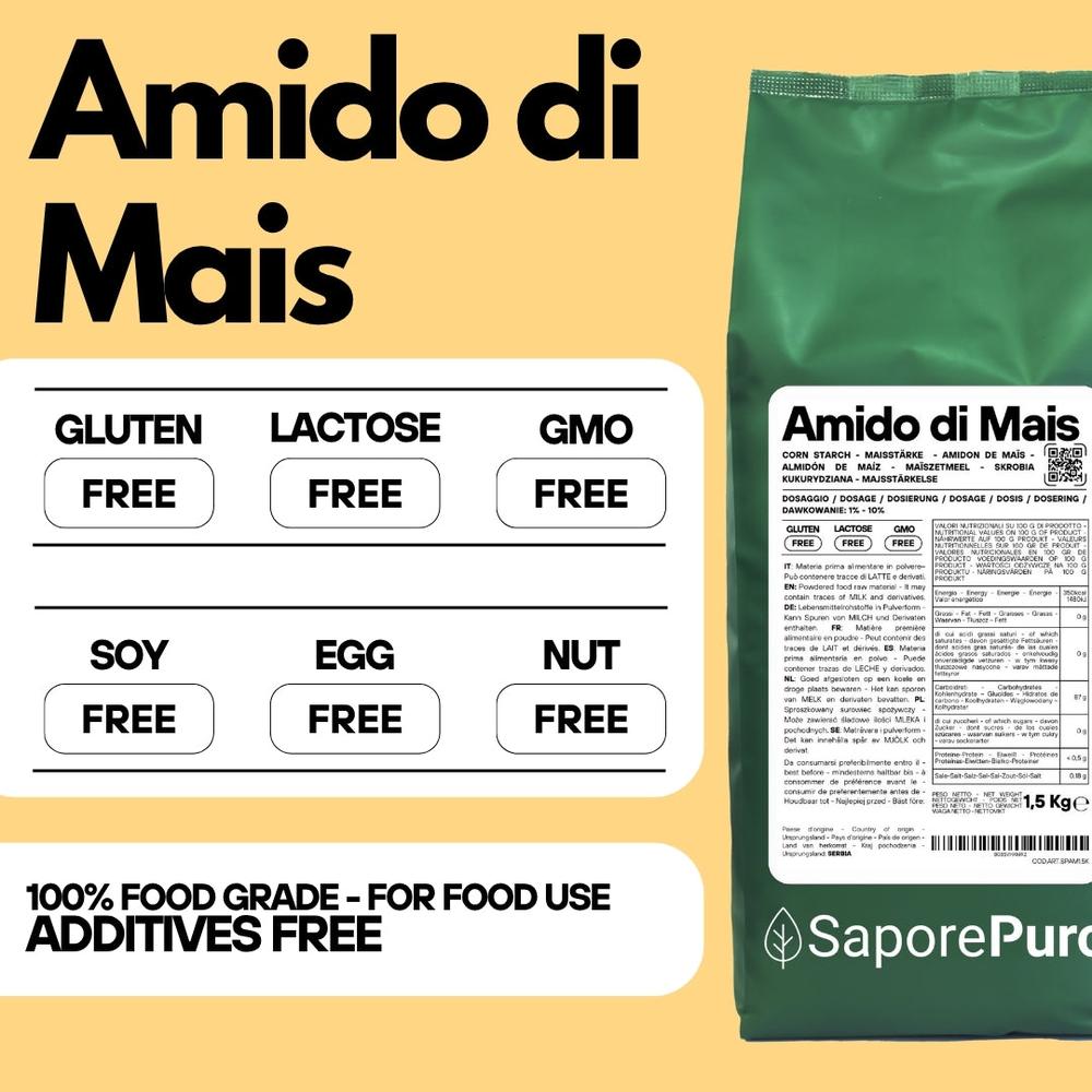 Amido di mais nativo SaporePuro, addensante naturale e gluten free, visibile in una ciotola con polvere bianca.