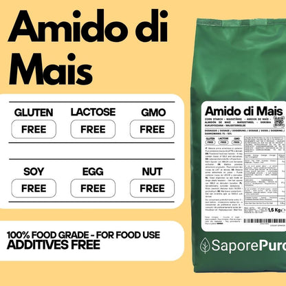 Amido di mais nativo SaporePuro, addensante naturale e gluten free, visibile in una ciotola con polvere bianca.