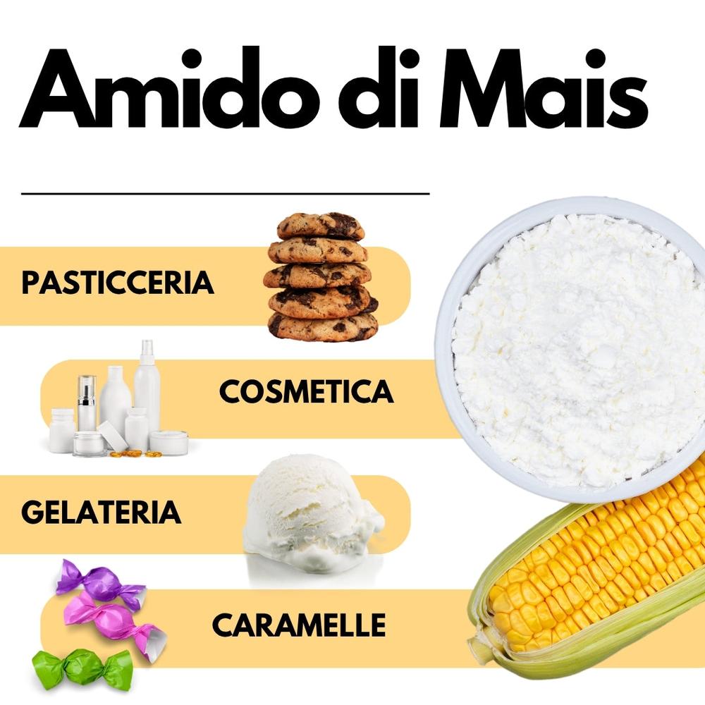 Amido di mais nativo SaporePuro, addensante naturale e gluten free, mostrato in un contenitore con polvere bianca.