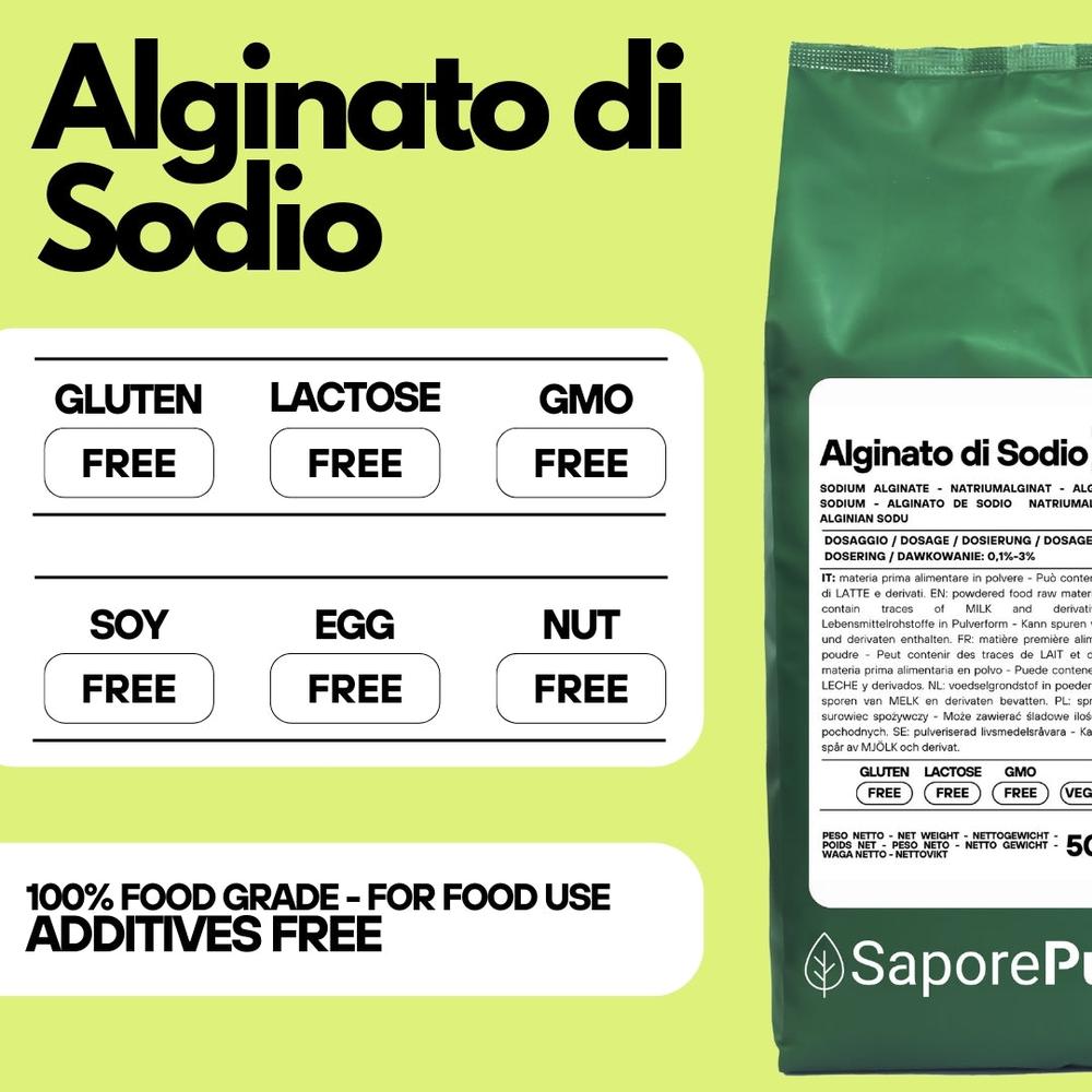 Alginato di Sodio SaporePuro, ingrediente naturale per sferificazione e cucina molecolare, in confezione da forno.