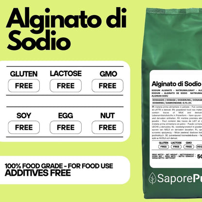 Alginato di Sodio SaporePuro, ingrediente naturale per sferificazione e cucina molecolare, in confezione da forno.