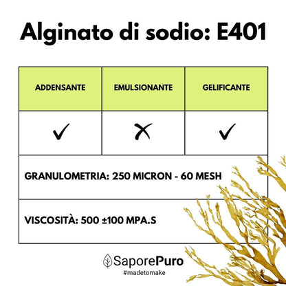 Alginate di sodio SaporePuro, ingrediente per cucina e forno, usato per sferificazione molecolare e gelificazione naturale.