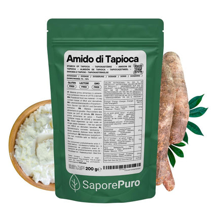 Amido di tapioca nativo SaporePuro in confezione, ingrediente per cucina, con etichetta visibile e dettagli sul prodotto