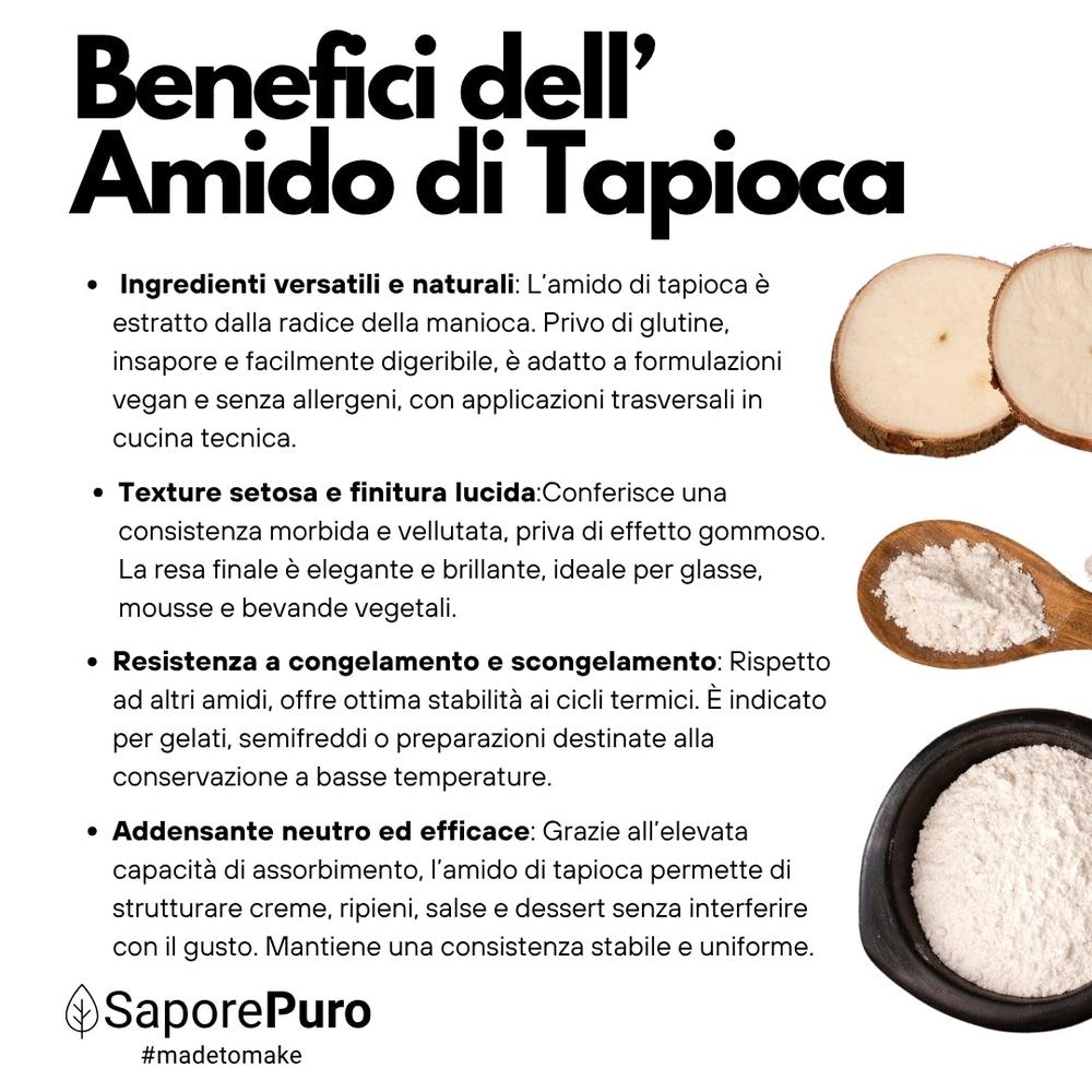 Amido di tapioca nativo SaporePuro in confezione, ingrediente per cucina, mostra il prodotto bianco e polveroso in sacchetto.