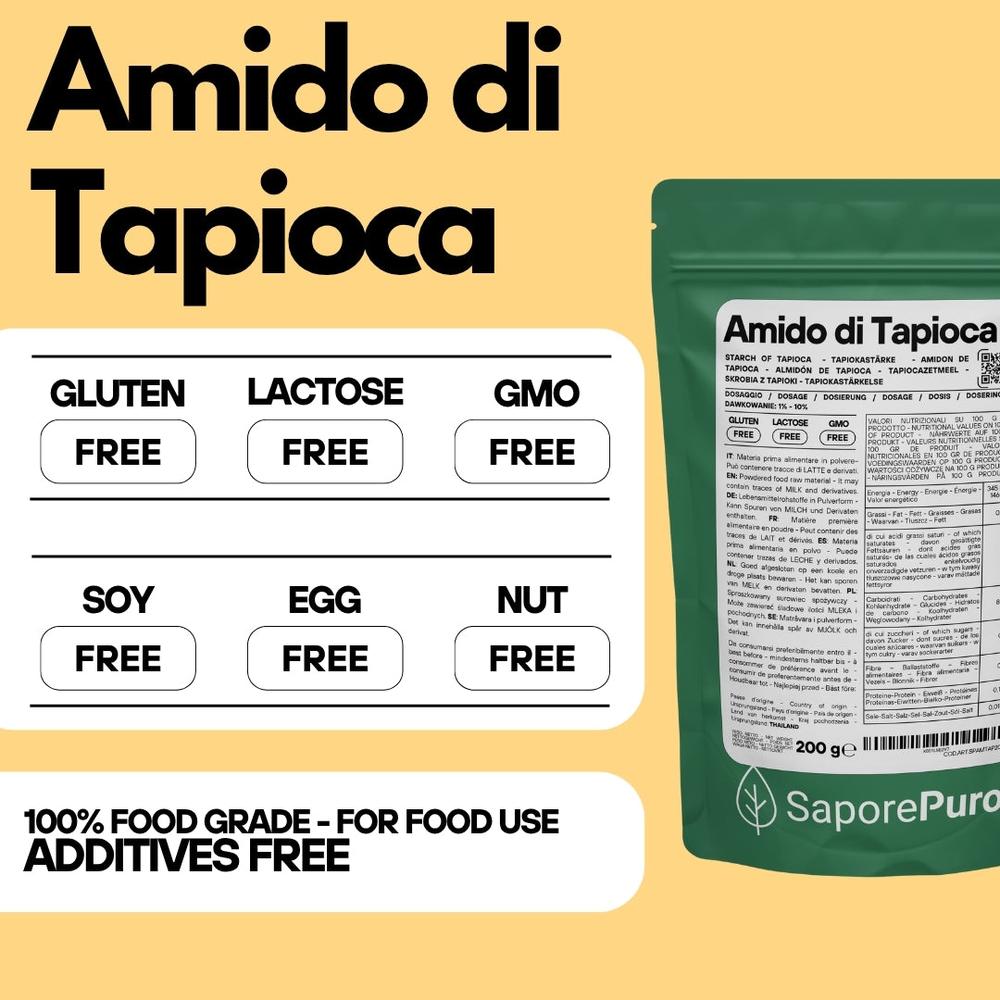 Amido di tapioca nativo SaporePuro in confezione, ingrediente per cucina, visibile dalla confezione in primo piano.