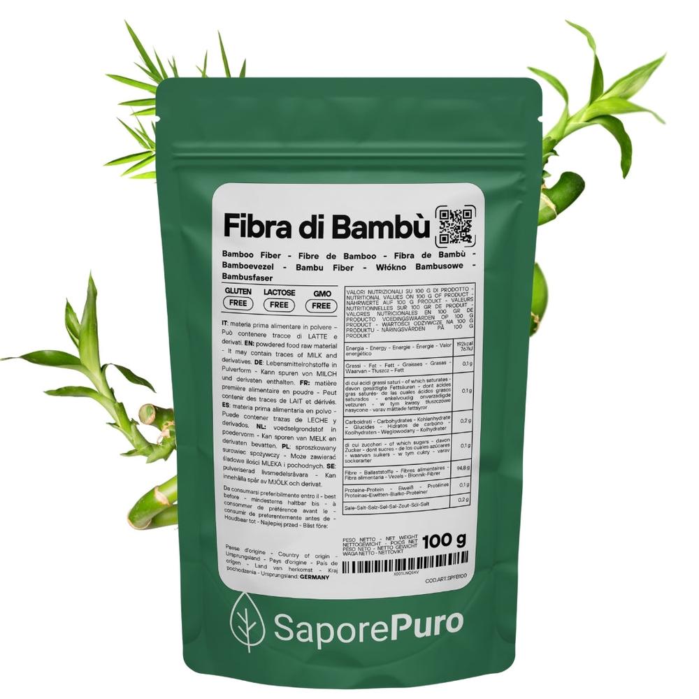 Fibra di bambù naturale di SaporePuro, ingrediente per prodotti caseari, da forno e gelati, origine Germania, in confezione.