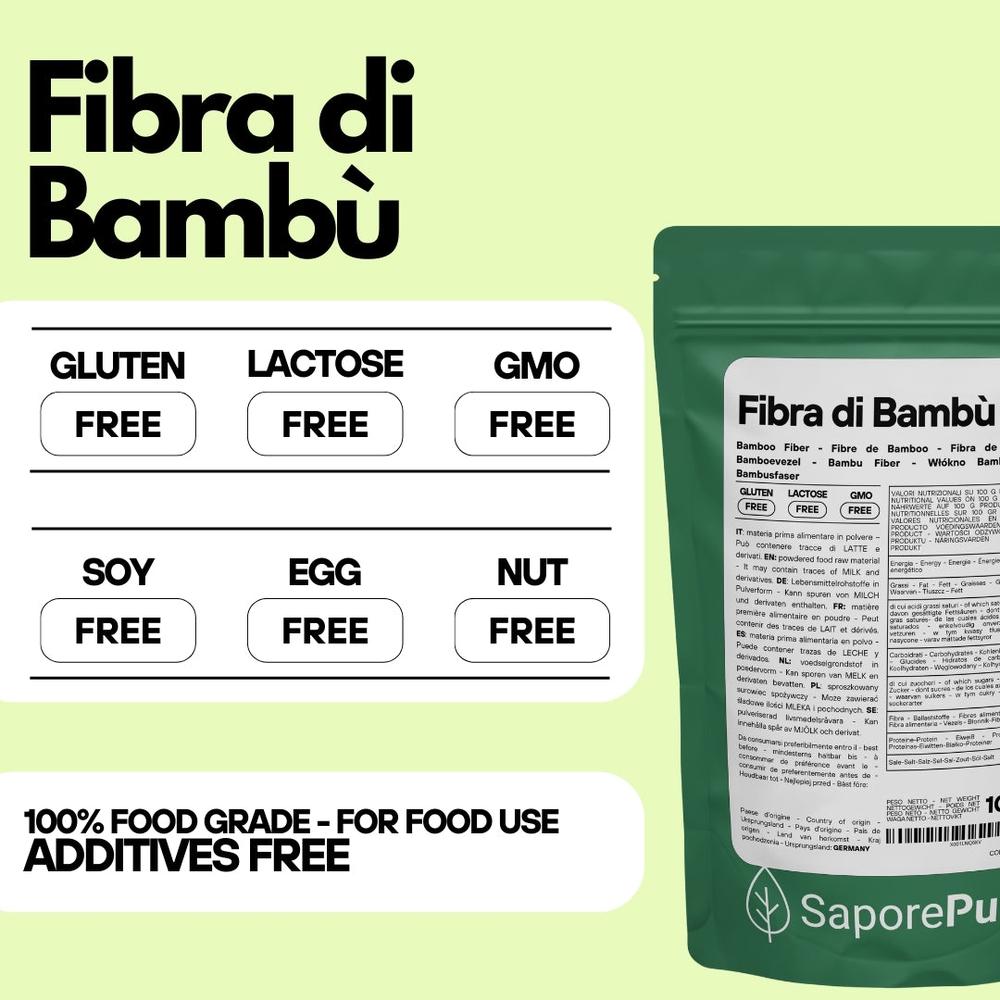 Fibra di bambù naturale SaporePuro, ingrediente per prodotti caseari, da forno e gelati, proveniente dalla Germania.