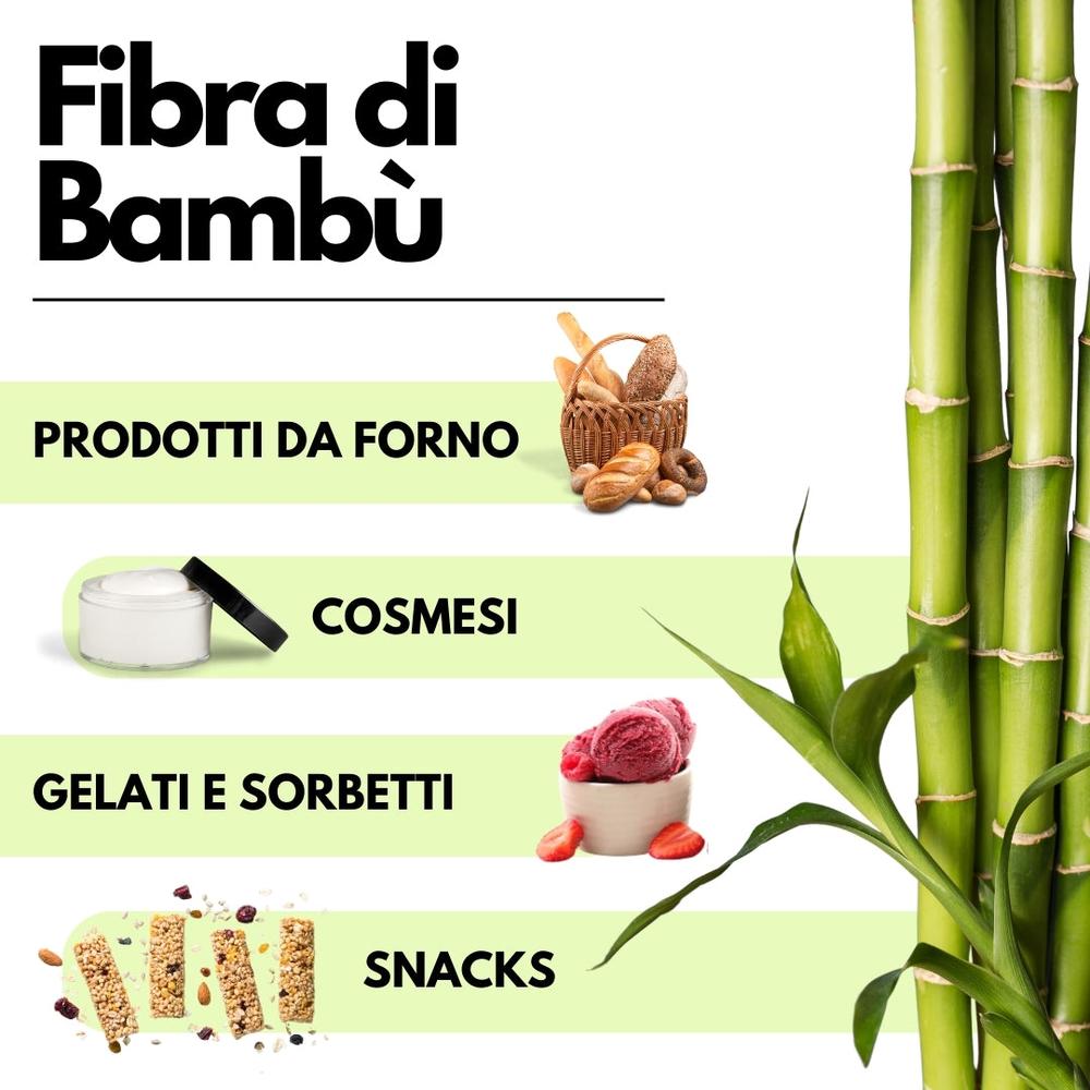 Fibra di bambù naturale SaporePuro, ingrediente tedesco ideale per prodotti caseari, da forno e gelati, visibile in immagine.